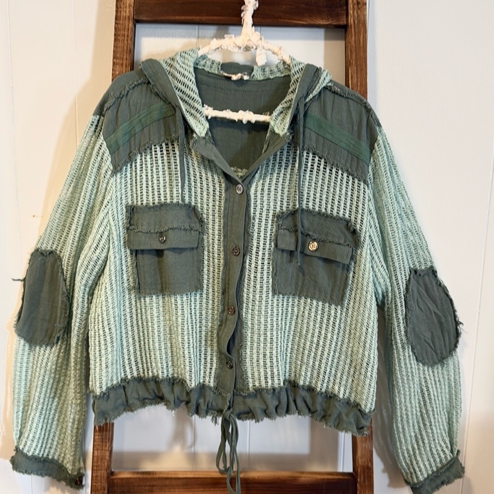 NEWPOL 48 hr presale : Emerald Sage Hooded Jacket with Drawstring Waist